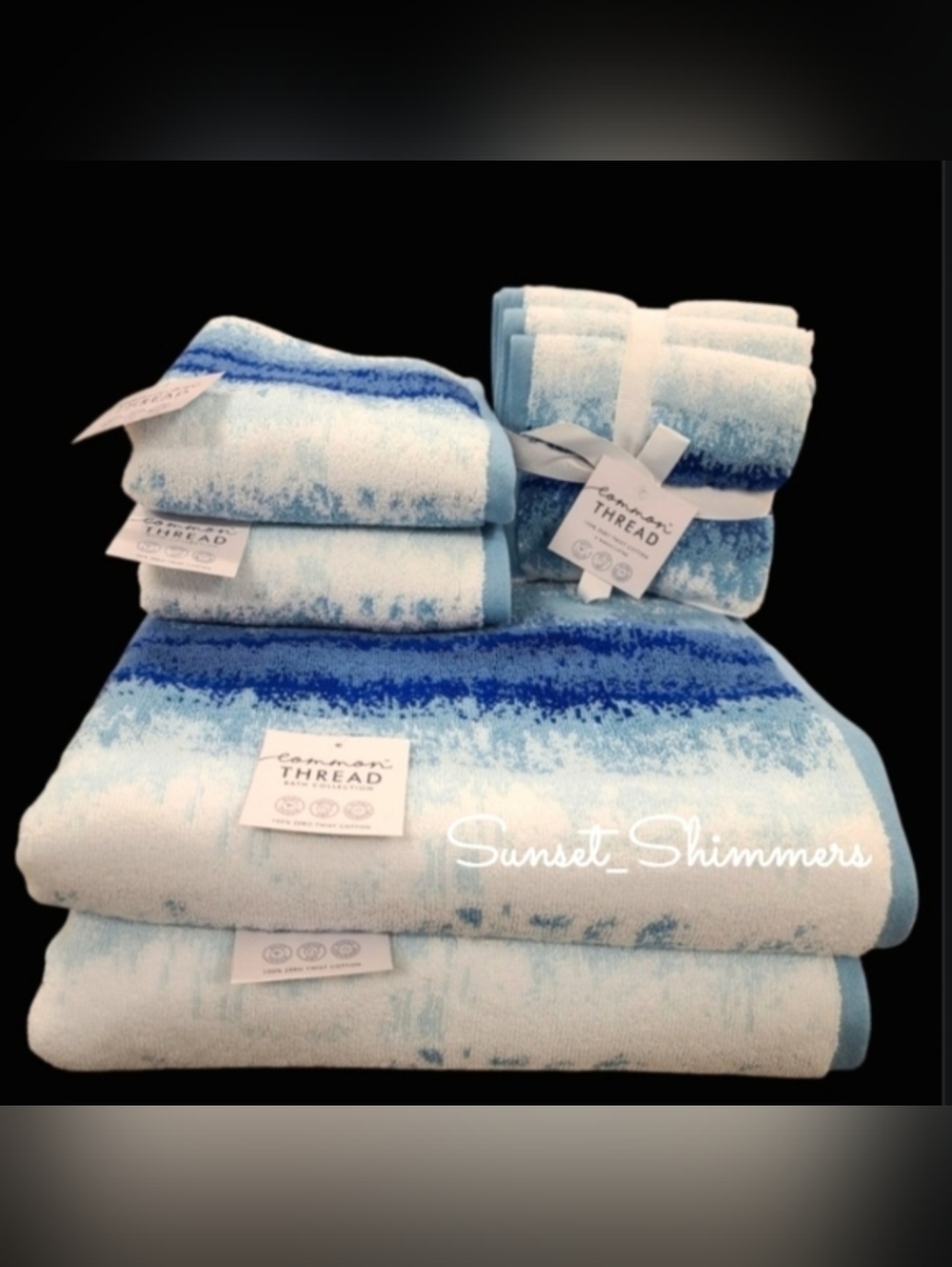 8pc Common Thread Bath Hand Washcloth Towel Set Blue Ombre Zero Twist Cotton New